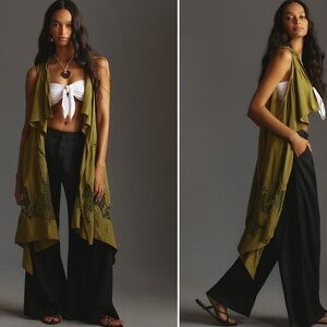 NWT Anthropologie Army Green Collared Crocheted  Vest One Size